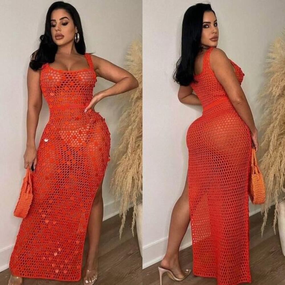 Hera Collection Orange Crocheted Maxi Swim Coverup